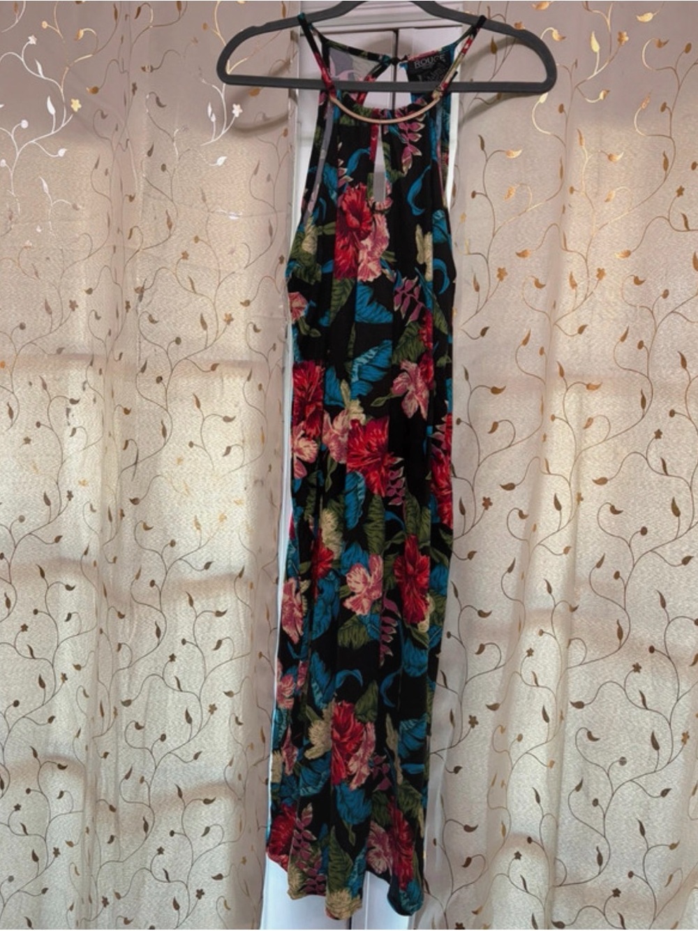 Rouge! Black Halter Maxi Dress with Red & Blue Floral Print